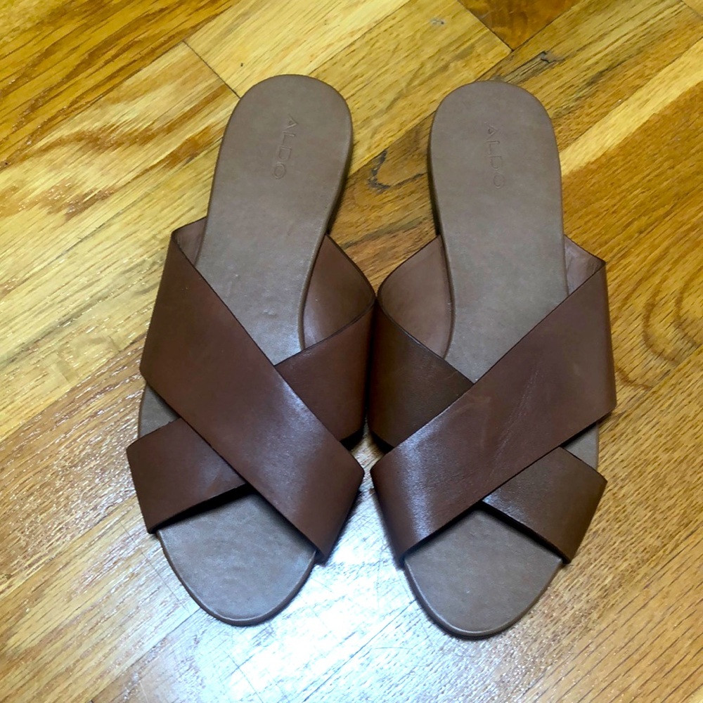 Aldo saddle brown leather slides